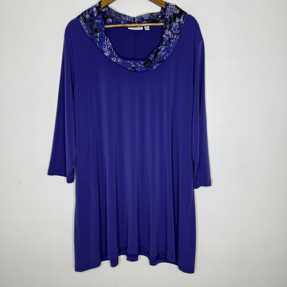 Susan Graver Shirt Womens 3X Purple Cowl Neck Tunic 3/4 Sleeve Plus Stretch Knit - Picture 1 of 7